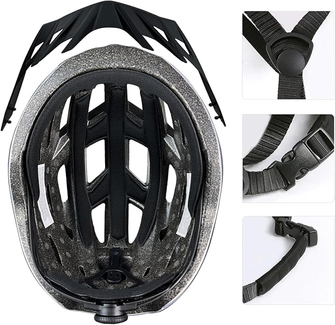 Bike Helmet for Adult Men Women with Multi-Mode Rear LED Light, with Suggested Fit 56-62cm, Lightweight with Adjustable Dial, Side and Chin Strap, Carbon Black Shiny Surface