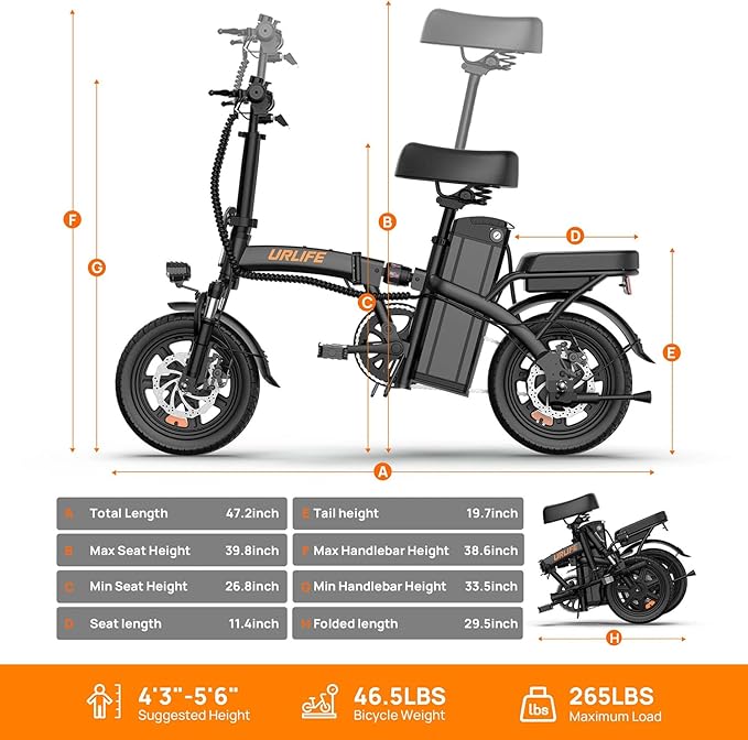 URLIFE Folding Electric Bike for Adults, 14" Portable Commuter ebikes, 20-40 Mile Long Range, 500W Peak Motor, 20MPH, UL 2849 Mini Bikes for Teens