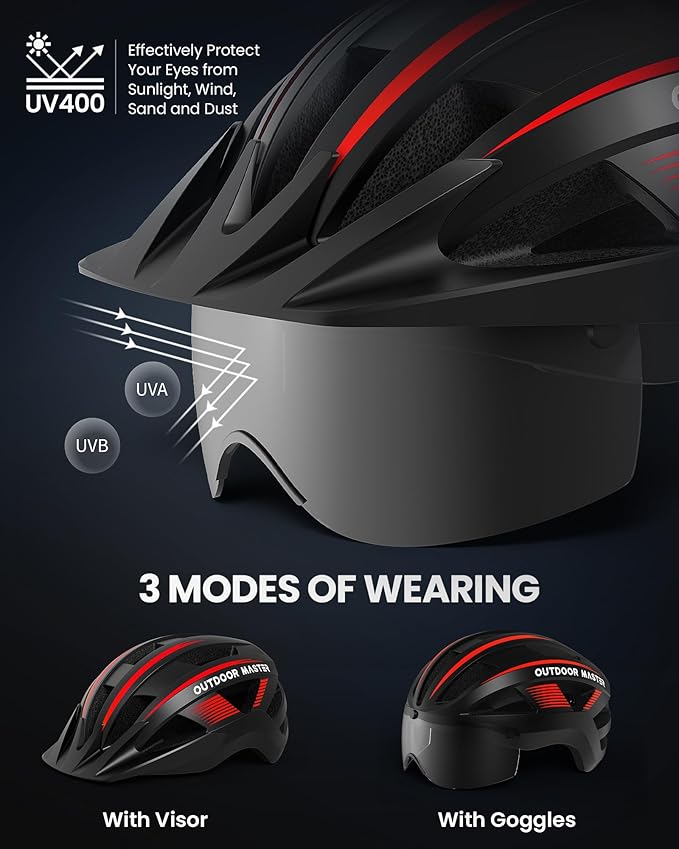 OutdoorMaster Adult Bike Helmet - Bicycle Helmet with Rechargeable Rear LED Light, Detachable Magnetic Goggles, Removable Sun Visor - Suitable for Commuting and Cycling for Men and Women