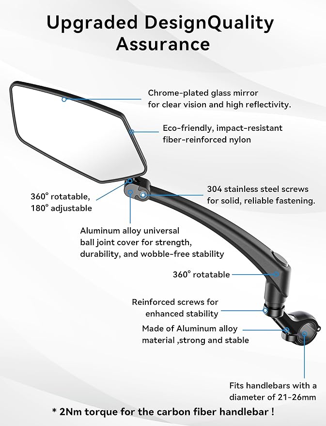 Bike Mirror Handlebar Mount 360° Adjustable and Rotatable, Wide Bicycle Mirrors for Handlebars with Long Arm, Safe HD Bike Rear View Mirror for Scooter, Motorcycle, Foldable Ebike Accessory Right
