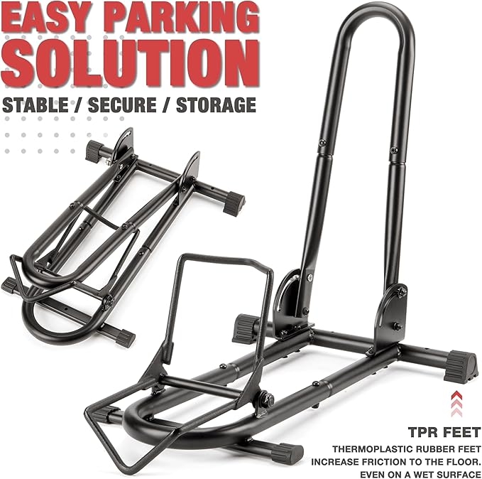 Indoor Bike Floor Stand -Foldable Bike Stand Rack for Garage/Home - Bike Storage Bicycle Parking Rack Fit 26’’-29’’ Mountain Road Bikes E-Bike