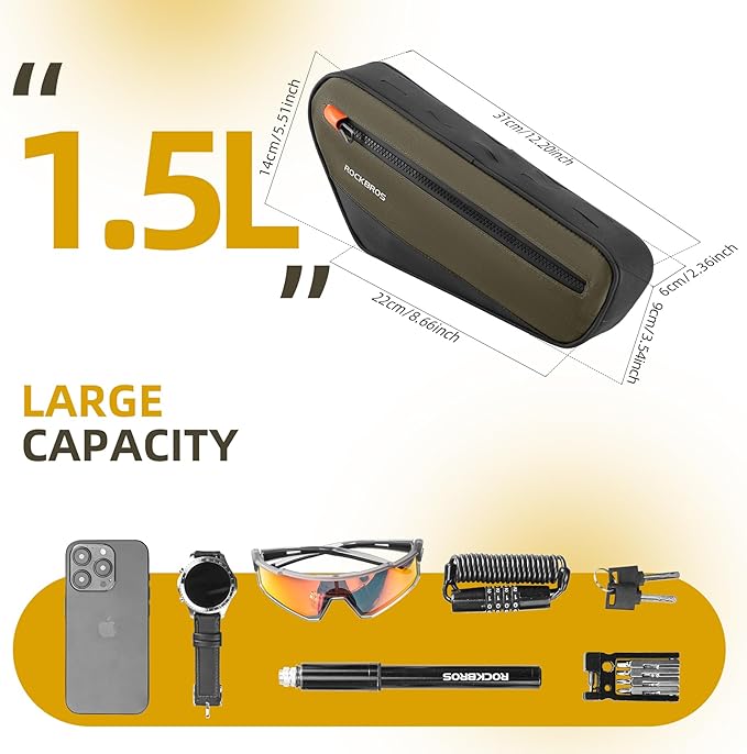 ROCKBROS Bike Frame Bag Bike Handlebar Bag Bike Bag with Large Opening Zippers, Bike Pounch For Mountain Road Bike, Quick Release 1.5L, olive drab, 30120079001-YXUS