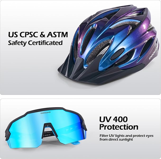 Odoland Adult Bike Helmet and Cycling Sunglasses Set for Men & Women, Safety Certified Bicycle Helmet with UV Protection Glasses for Mountain, Skating, Road, City Commuting & Outdoor Riding