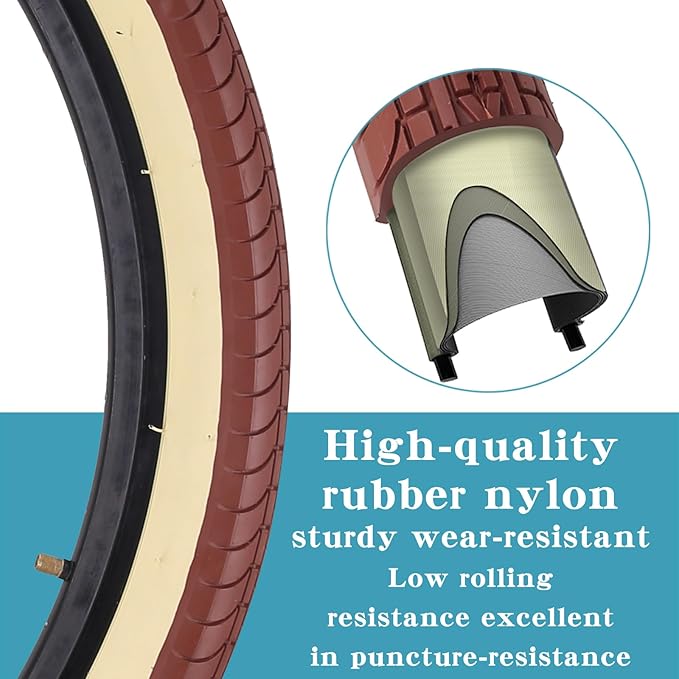 SIMEIQI 26x2.35 20x2.35 Inch Cruiser Beach Bike Tire Black White Wall or Brown Cream Wall Folding Replacement Bicycle Tire for Hybrid City Commuter Trail