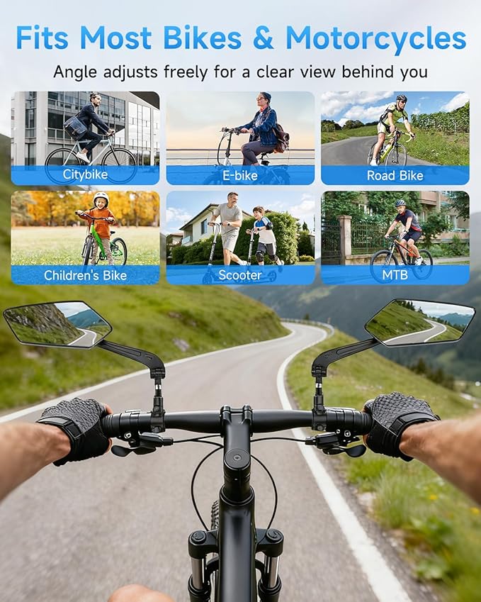 Bike Mirror, Handlebar Bicycle Mirrors, Scratch Resistant HD Glass Lens, 360° Rotatable & Foldable Safe Rearview Bicycle Mirrors, Bike Rear View Mirror for Scooter, Ebike, Bike Accessory(1 Pair)