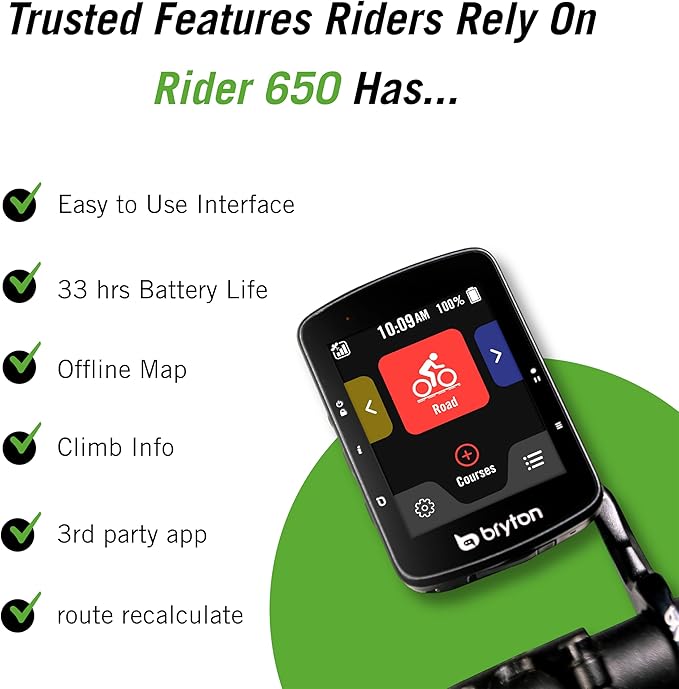 Bryton Rider 650 Sensor Bundle 2.8 Inch Color LCD Touchscreen GPS Bike/Cycling Computer, Preloaded USA Map, Compatible with Bike Radar, 33hrs Long Battery Life, Navigation Waterproof