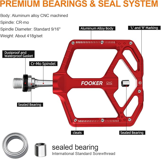FOOKER Mountain Bike Pedals,Non-Slip Bicycle Flat Pedals Aluminum 9/16",MTB Pedals Wide Platform Pedals for Mountain Bike, BMX, Road Bike Pedals