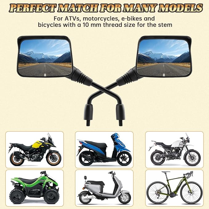 Motorcycle Mirrors 10mm,Suitable for Rain and Snow ATV Mirrors (2 Pack),Fits 7/8"Handlebar Scooter、Moped、Dirt Bike,Compatible with Polaris Sportsman,Can Am Outlander,Honda Grom,Kawasaki Vulcan