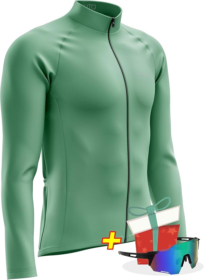 Men's Cycling Jersey Moisture Wicking Long Sleeve Full Zip Bike Road Riding Biking Shirts+ Cycling Glasses