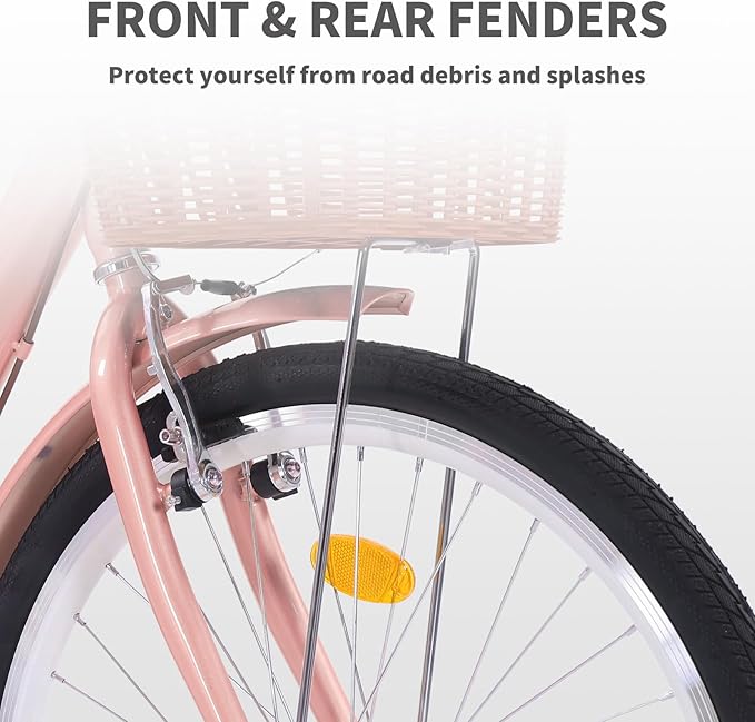 Adult Comfort Bike for Women, 24/26 Inch Women' Commuter Bicycle Single Speed with Rear Rack and Basket, Comfortable City Bikes Ergonomic Upright Design for Women, Men and Teens
