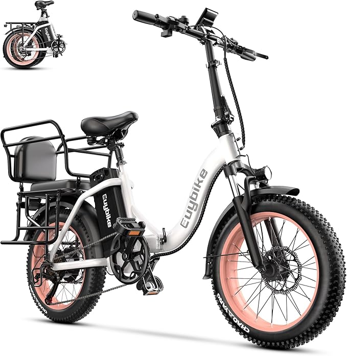 EUYBIKE Folding Electric Bike for Adults, 30MPH Foldable Ebike with 48V 18AH Hidden Removable Battery, 20" Fat Tire 750W Motor, 60+Miles Aluminium Alloy Mountain Bicycle White with Basket
