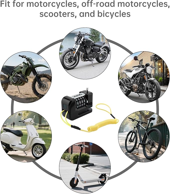 Windance Motorcycle Disc Brake Lock with Reminder Cable, Anti Theft Combination Wheel Lock,Waterproof Aluminum Alloy Keyless Password Security for Motorcycle Scooter Dirt Pit Bike E-Bike (Black)