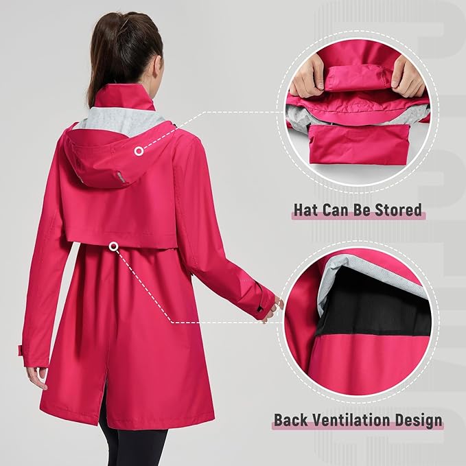 baleaf Women's Long Rain Coat Packable Waterproof Windbreaker Lightweight Cycling Jacket with Hood
