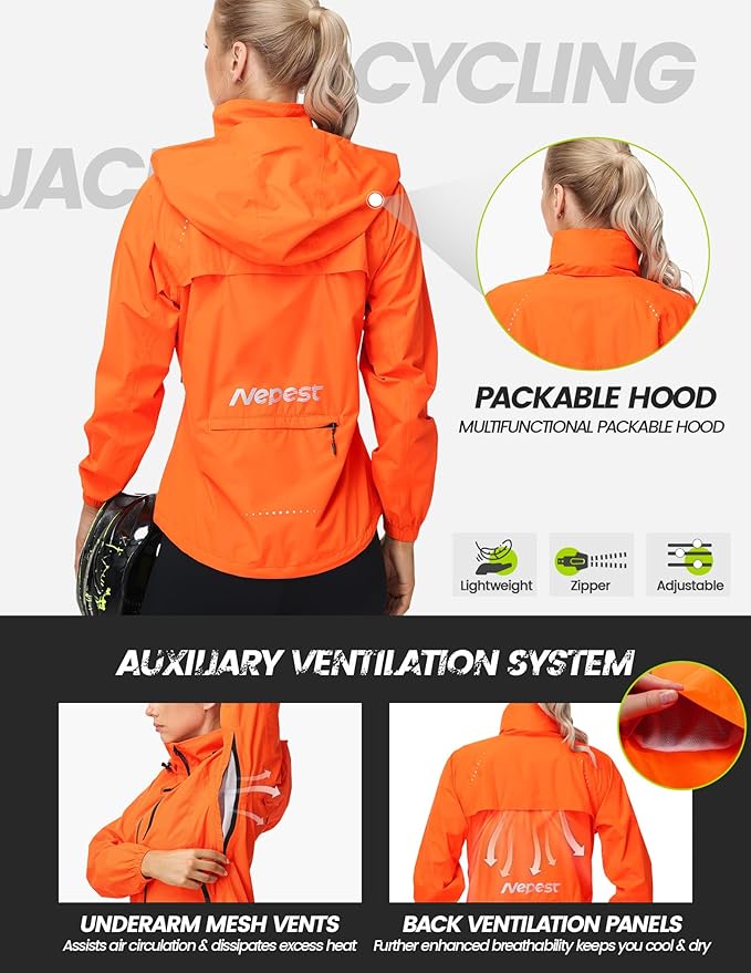Nepest Womens Cycling Rain Jackets Lightweight Waterproof Biking Running Windbreaker UPF 50+ Reflective Packable Hooded