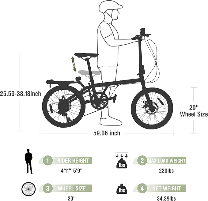 7-Speed Folding Bike, 20" x 1.95" Tires, Tri-Fold Design with Rear Rack Wheels, Steel Frame, Ideal for Urban Commuting