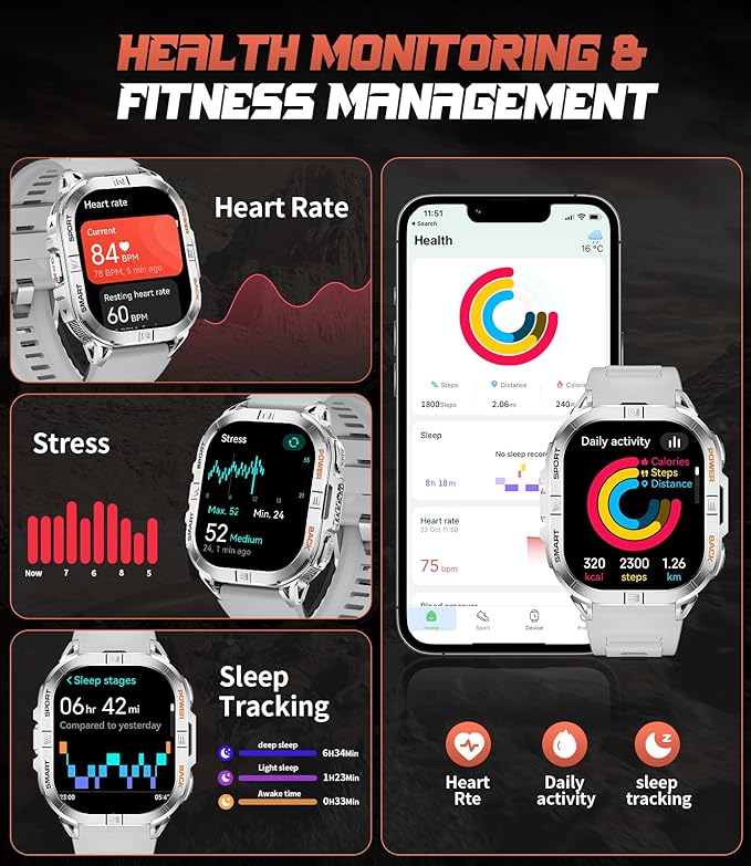 LIGE DM6 GPS Military Smart Watch for Men, 170+ Sport Modes/LED Flashlight/Compass/2.13'' AMOLED Smartwatches, IP68 Waterproof Fitness Watch, 600mAh/Pedometer Smart Watches for Android iOS, Sliver