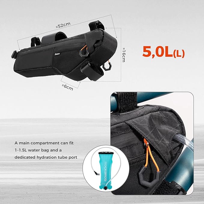 Bike Frame Bag - Waterproof & Anti-Slip 5-Point Straps Mount, Durable Ripstop Nylon with Hidden Cable Port for Hydration & Charging