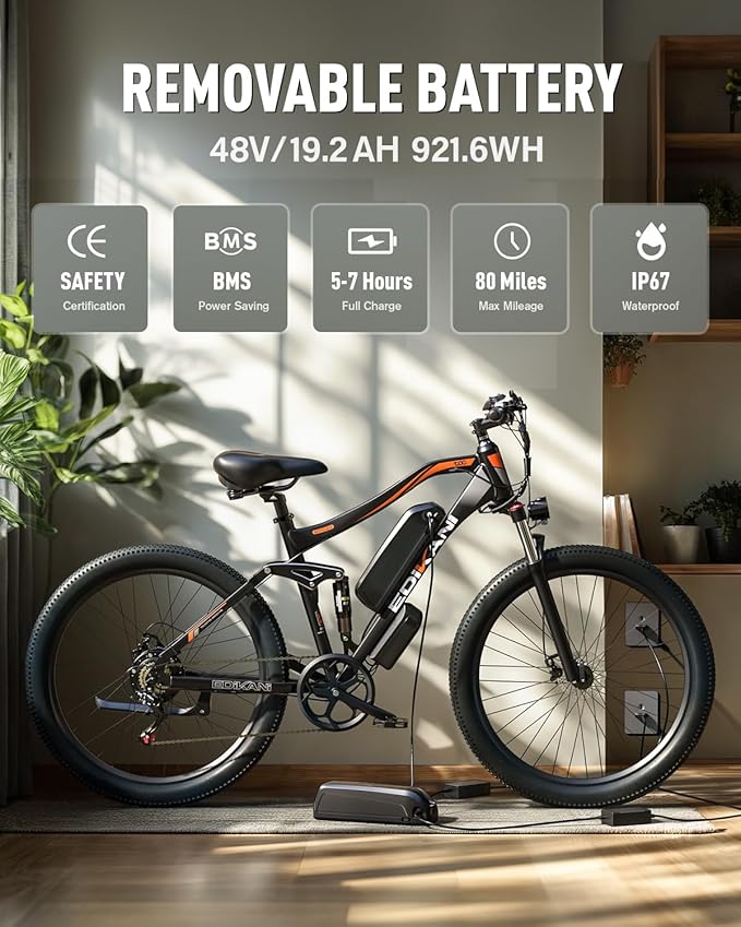 EDIKANI Electric Bike for Adults 27.5" 1500W Peak Ebike 19.2Ah Battery Max 32Mph Electric Mountain Bike with Full Suspension 80 Miles E Bicycle for Commuter