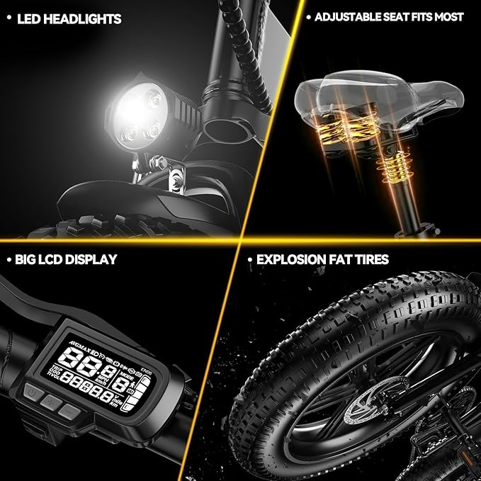 1000W Folding Electric Bike, 48V 20AH Large Removable Battery E Bike, 30+MPH, 80 Miles Max Range, 20" Fat Tire Electric Bike for Adults, Adult Electric Bicycles for Long