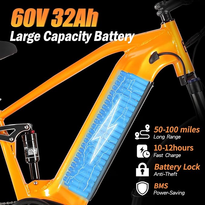 5000w Dual Motor Electric Bicycles, 60V Battery E-Bike with 45 MiIe P-Hour Electric Bike for Adults, 26 Fat Tire Hunting Ebike for All Terrain, Full Suspension Electric Ebike