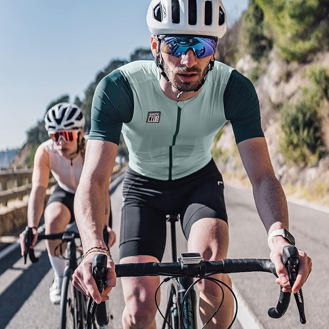 Santic Men's Cycling Jersey Short Sleeve Tops Pro Road Bike Shirt Full Zipper UPF 50+ Bicycle Jersey with Pockets