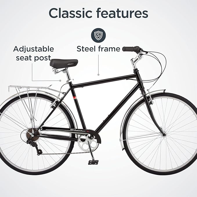 Schwinn Wayfarer Hybrid Bike, 700c Mens and Womens Bike, 7-Speed Hybrid Bicycle, Retro Steel Frame, Front and Rear Linear Pull Brakes, Fenders, Cargo Space, Adult Bicycle