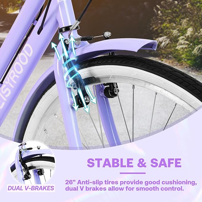 26 Inch Folding Beach Cruiser Bike for Women, 7-Speed Ladies Bike with Basket & Rack, Perfect for City Commuting's Bicycle, Ideal for Women and Adults