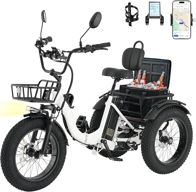 Skeri Electric Tricycle for Adults, 750W(Peak 1350W) Motor Etrike, 20"x4" Folding Fat Tire Electric Trike, 48V13Ah Battery, 3-Wheel Electric Bike, 20MPH, Front & Rear Basket & Differential