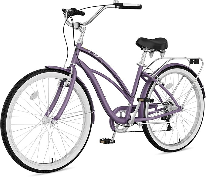 MOPHOTO 24" 26" Adult Bike 7-Speed Beach Cruiser Bike for Adults, Rear Rack, Fenders, Step-Through or Classic Frame