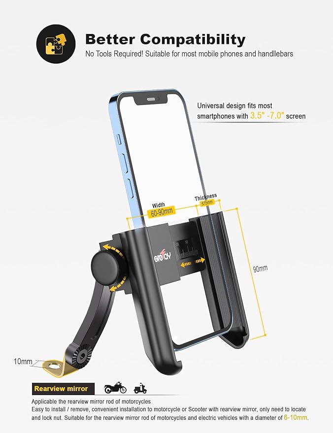 Motorcycle Phone Mount, 1S Quick Release Anti Shake Motorbike Phone Holder for 3.5-7.0 Inch Smartphone for Motorcycle Mirror Phone Mount with 360° Rotatabe