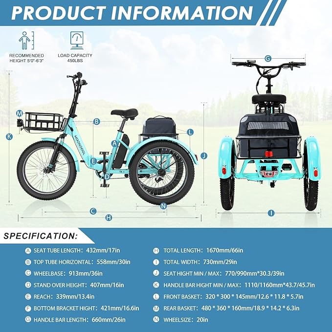 MOONCOOL Folding Electric Tricycle for Adults, 48V 500W 3 Wheels Electric Trike, Aluminum Frame 750W Electric Tricycle Adult Bicycle with Removable Battery, Front and Back Bags