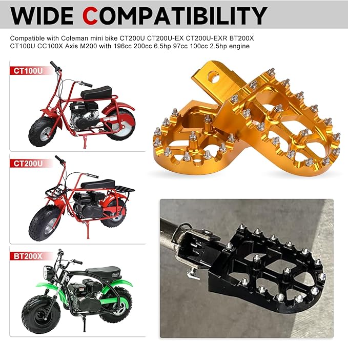 Mini Bike Foot Pegs CNC Anti-Slip Wide Footpegs for CRF50 CRF70 Coleman CT100U CT200U BT200X CC100X CRF XR50 70 110 125 SSR Apollo TaoTao Motorcycle Dirt Bike Pit Bike Pedals (Gold)