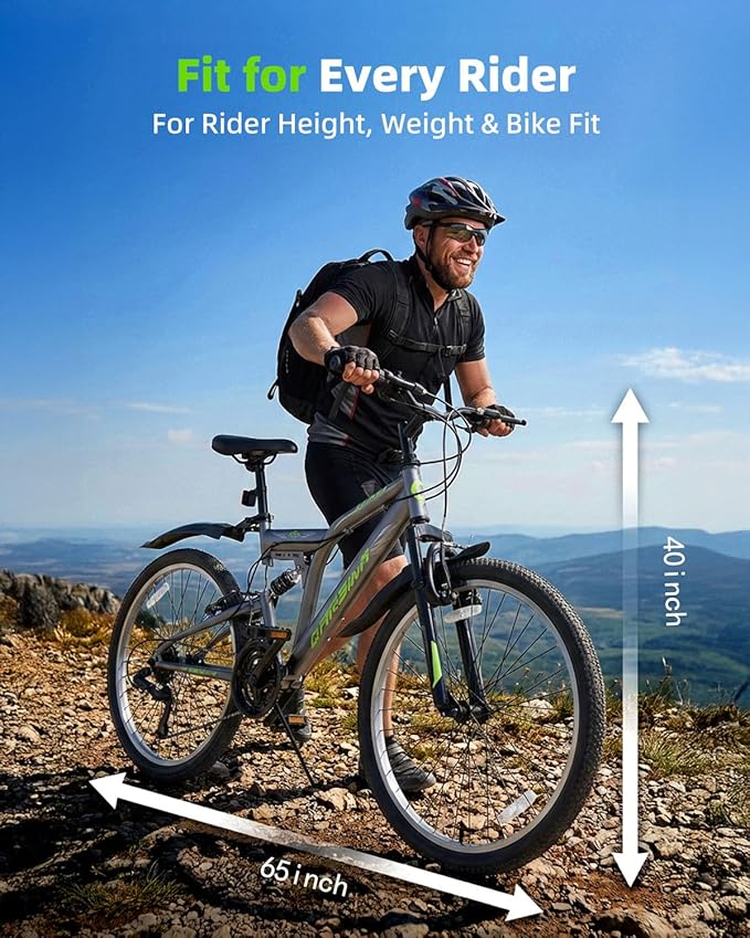 24 Inch Mountain Bike for Men & Women, 21-Speed Full Suspension MTB, High-Carbon Steel Frame, Quick Release Front Wheel, Dual Fenders, Easy Assembly, Trail & Commuter Bicycle