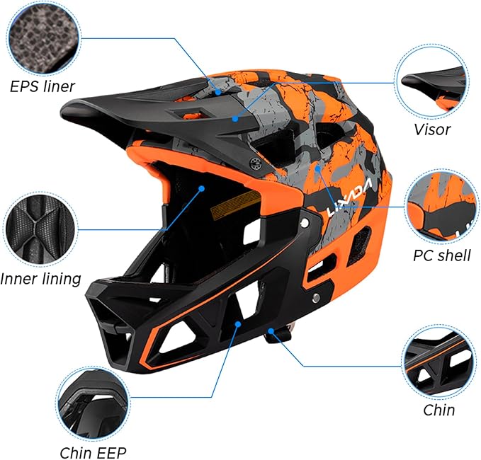Lixada Adult Bike Helmet, Full Face Mountain Bike Helmet Lightweight Bicycle Helmet with Pads & Visor, Comfort Cycling Helmet Racing Downhill MTB Helmet for Men Women
