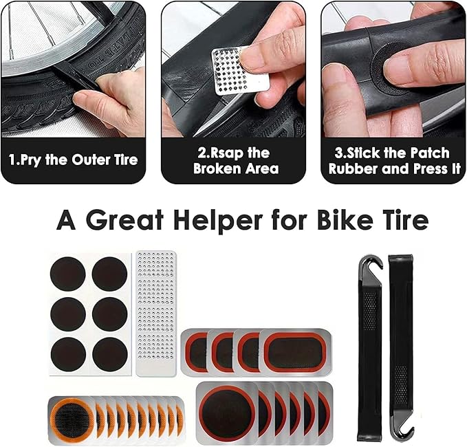 Bike Tire Repair Kit,Bicycle Inner Tube Repair Kit with 26 Glueless Patch Kits, 2 Tire Levers, 4 Metal Rasps, Inner Tube Patch Kit Suitable for MTB BMX Road Mountain Bike