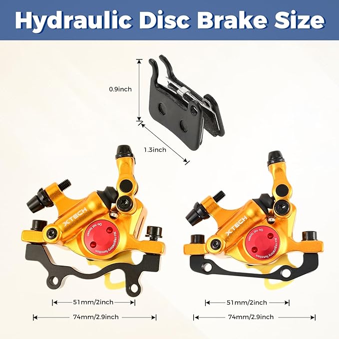 HB-100 Line Pulling Hydraulic Disc Brake Calipers, Mechanical Disc Brakes for MTB, Mountain Bike, E-Bike and Electric Bike 2PCS Front/Rear Gold