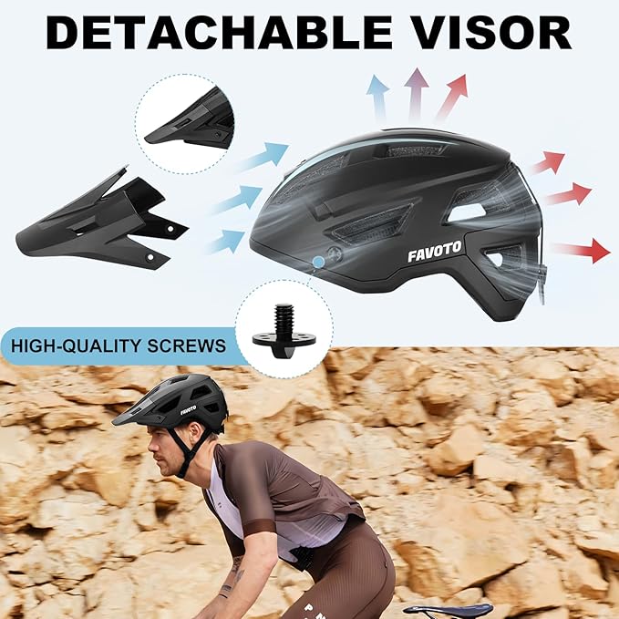 Favoto Adult Mountain Bike Helmet for Men & Women, Magnetic Buckle MTB Helmet with Removable Visor, Lightweight for Commuting & Off-Road Cycling