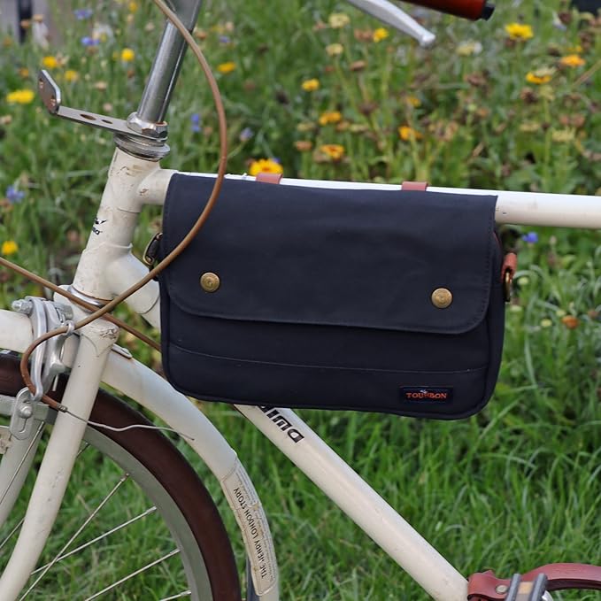 TOURBON Bike Bag Waxed Canvas Bicycle Handlebar Bag Zipper Closure Pouch Crossbar Front Frame Basket Cycling Saddebag Under Seat Strap-on Rear Rack Pannier (Black)