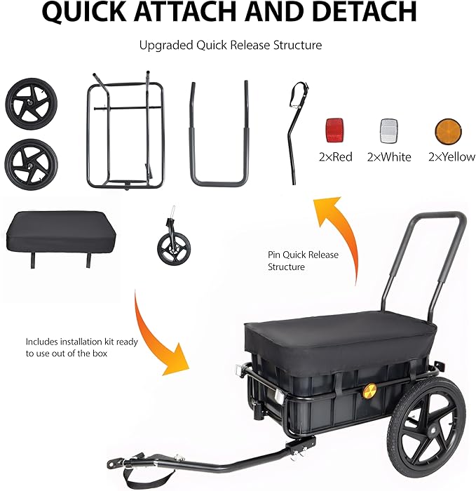 Lightweight Bicycle Trailer, Foldable Bike Cargo Trailer with Universal Hitch, Portable Bicycle Trailers with Removable Box and Waterproof Cover, for Camping, Groceries, 88 LBS Load Capacity