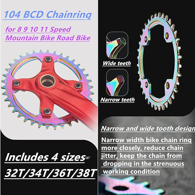 YBEKI 104BCD Chainring - CNC 7075-T6 Aluminum Narrow-Wide Round Chainwheel for MTB/Road Bikes (32-38T) | Compatible with Shimano/SRAM 8-11 Speed | Ultra-Light | Anti-Drop Design