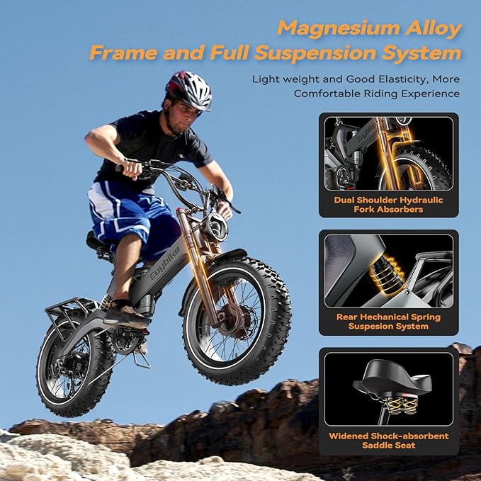 2000W/3000W Peak Motor Electric Bike for Adults, 48V/52V 25AH/30AH Battery Full Suspension Foldable Ebike, 20"x4.0" Fat Tires 35MPH Dirt Bike, 100/120 Miles Hydraulic Brake Magnesium Alloy Motorcycle