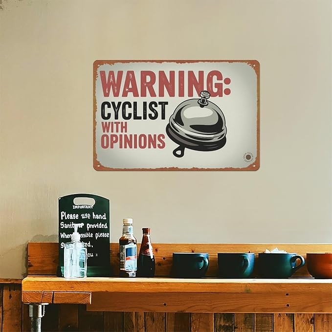 Warning Cyclist With Opinions Right Bell Cycling Vintage Sign Aluminum Metal Sign Posters 8x12 Inch For Living Room Bedroom Bathroom Decoration