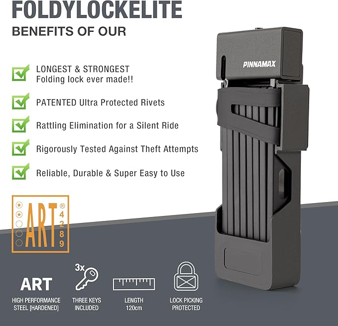 Foldable Bike Lock - Compact Folding Bicycle Lock with 3 Keys - Frame Mount Anti-Theft Locks for E-Bike, Motorcycle, Scooter, Bicycle, Door, Gate (PINN-828-120)