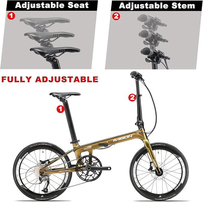 KABON Full Carbon Folding Bike, Lightweight 20 Inch Carbon Fiber Frame Foldable Bike with 11 Speed Hydraulic Disc Brake Bicycle with Carbon Wheelset