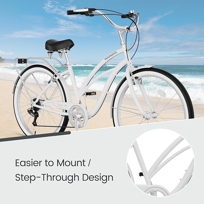 MOPHOTO 24" 26" Adult Bike 7-Speed Beach Cruiser Bike for Adults, Rear Rack, Fenders, Step-Through or Classic Frame