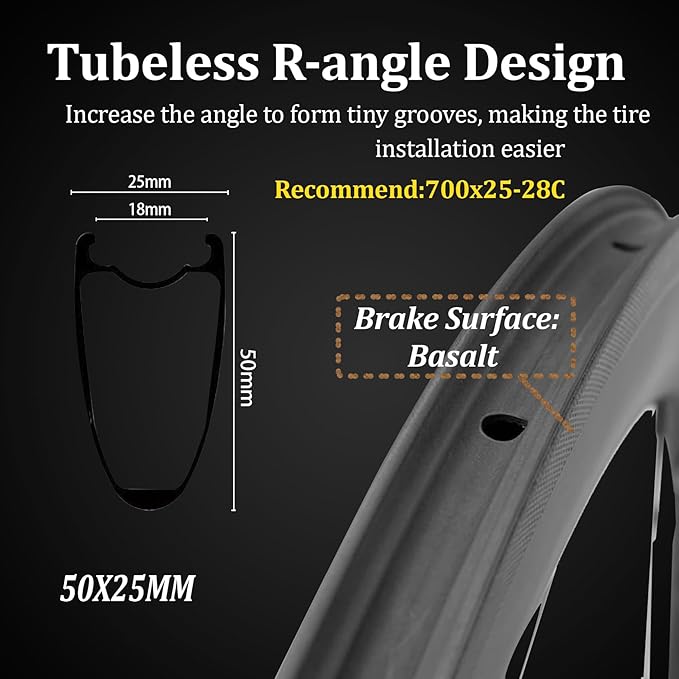 Superteam Carbon Wheelset 700c Rim V Brake 50mm Depth 25mm Width Road Bike Wheels Matte Finish, Tubeless Ready Support for 8-12 Speed Clincher & Tubeless