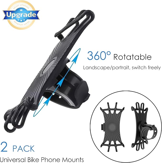 2026 Bike Phone Mount 2 Pack, 360° Rotation Silicone Phone Holders for iPhone and Samsung, for Most Smartphones and Handlebars, Easy Install - Black Upgraded Universal Bike Cell Phone Holder