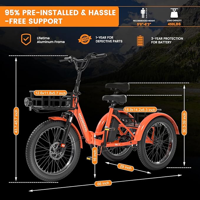 MOPHOTO Electric Tricycles for Adults, 3 Wheel E-Bike with 350W–750W Motor, Folding or Cruiser Frame, Multiple Speeds and Tire Sizes