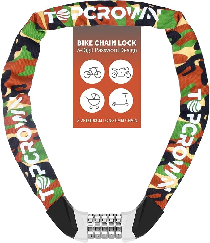 Bike Chain Lock Upgrade Metal Digital Dials 3.2Ft Long High Security Heavy Duty Anti Theft, 5 Digit Combination Keyless Bicycle Lock for Bike/Electric Scooter/Ebike/Motorcycle(Camouflage)