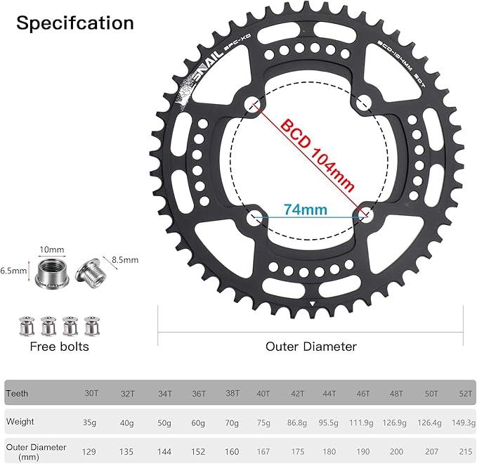 CYSKY 104 BCD Chainring 30T to 52T Narrow Wide Chainring with Sprocket Bolts for 1x Set-up Road Bike Mountain Bike BMX MTB Gravel Ebike